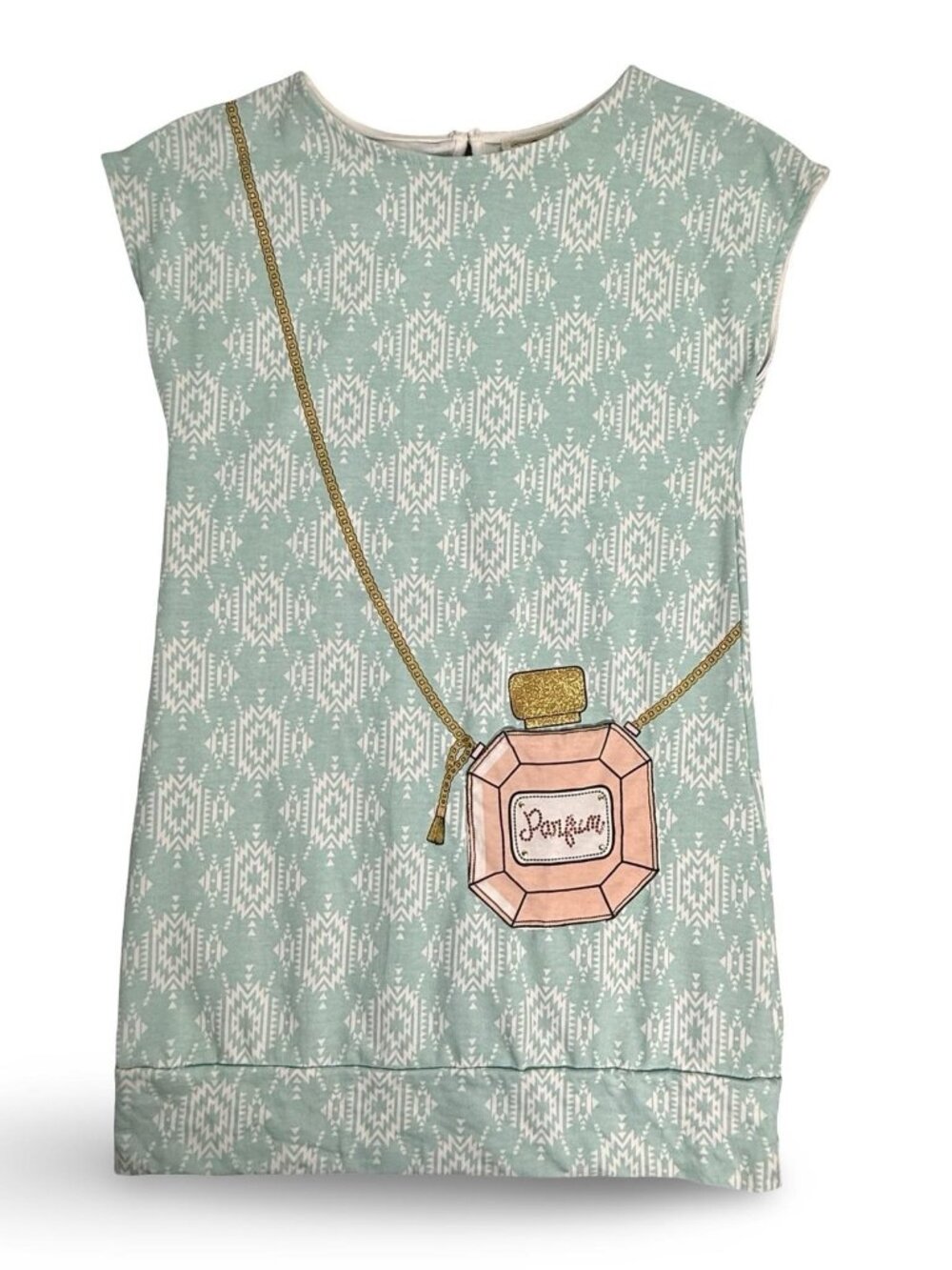 Jessica Simpson Girls L Dress Green Geometric Perfume Bottle Graphic Embellished